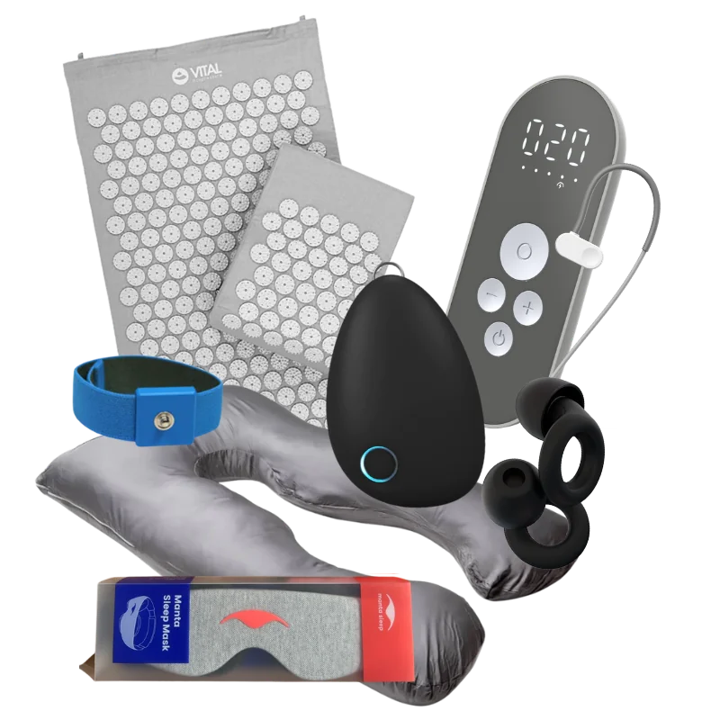Sammlung Hilfsmittel: Akupressurmatte, Nurosym, Sensate, Loops, Grounding-Band, Schlafmaske